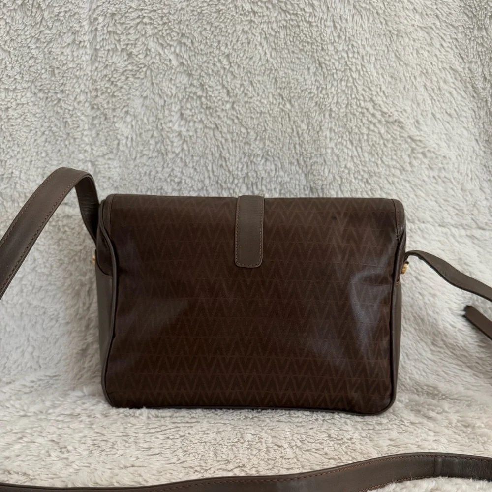 Mario Valentino Vintage Italian Monogram Crossbody Bag Brown Leather Trim - EUC
